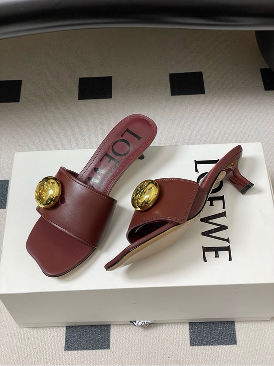 Loewe Shoes - LOEWE Pebble Burgundy Leather Kitten Heel Mules Sandals Gold Anagram Hardware